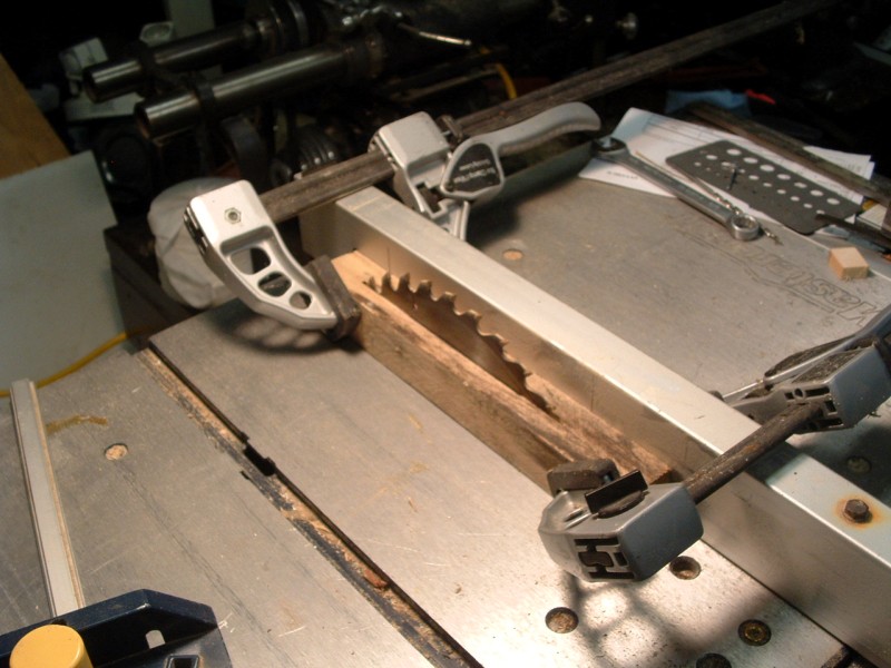 Ripped the wood square, clamped it to the tablesaw fence and raised the blade (10") as far as it could go.