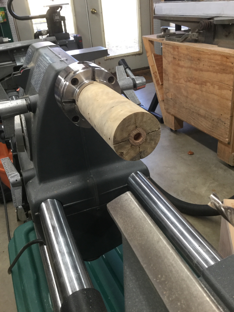 The reinforcing dowel has been epoxied in place, and then faced, drilled and counterbored.  I subsequently tapped it 3/8-16 for the scoop shank, which makes the whole assembly self-clamping for glue-up.