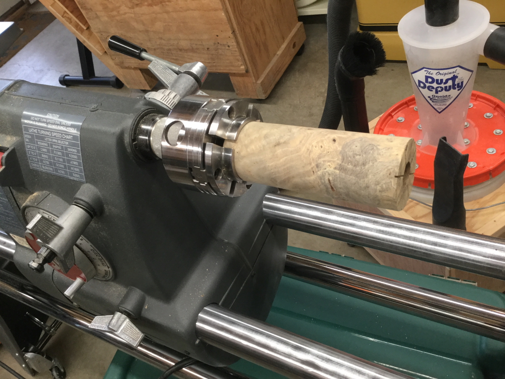 Here the blank has been drilled out for the 3/4" reinforcing dowel, using the SS tailstock chuck adapter.