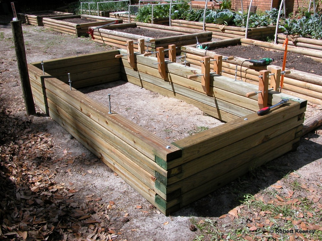 4x4 garden bed construction using hand screws to pull 4x4s into alignment.