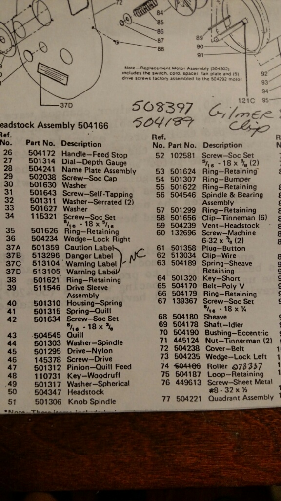 Partial headstock parts list
