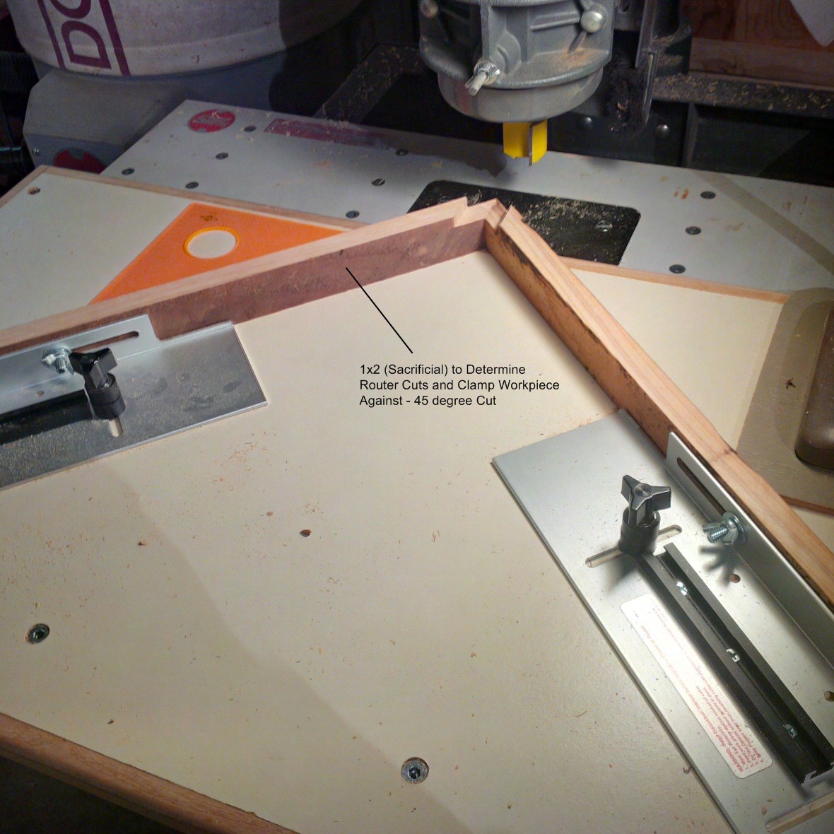 Layout of the sled for the 45 degree cuts.  Cut is made on the 1x2.