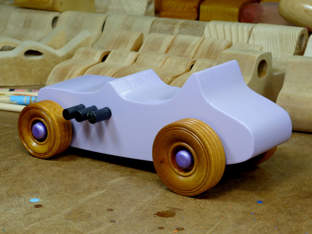 Wooden Toy Car - Hot Rod Freaky Ford - T Bucket - MDF - Lavender - Amber Shellac - Metallic Purple 05.resized.jpg