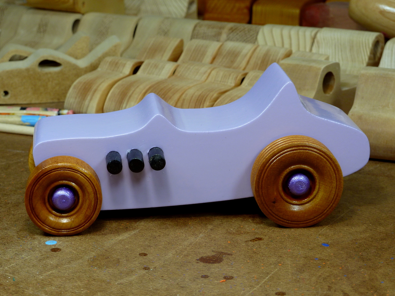 Wooden Toy Car - Hot Rod Freaky Ford - T Bucket - MDF - Lavender - Amber Shellac - Metallic Purple 06.resized.jpg