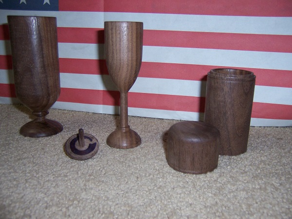 2 goblets, a box, and a mini spinning top made on the currently dedicated ER lathe