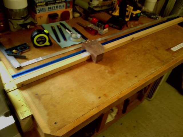 In process of making in position against bench right side of csms.  made with old dry wall square tee portion cut down and tee track installed with stop block (walnut)