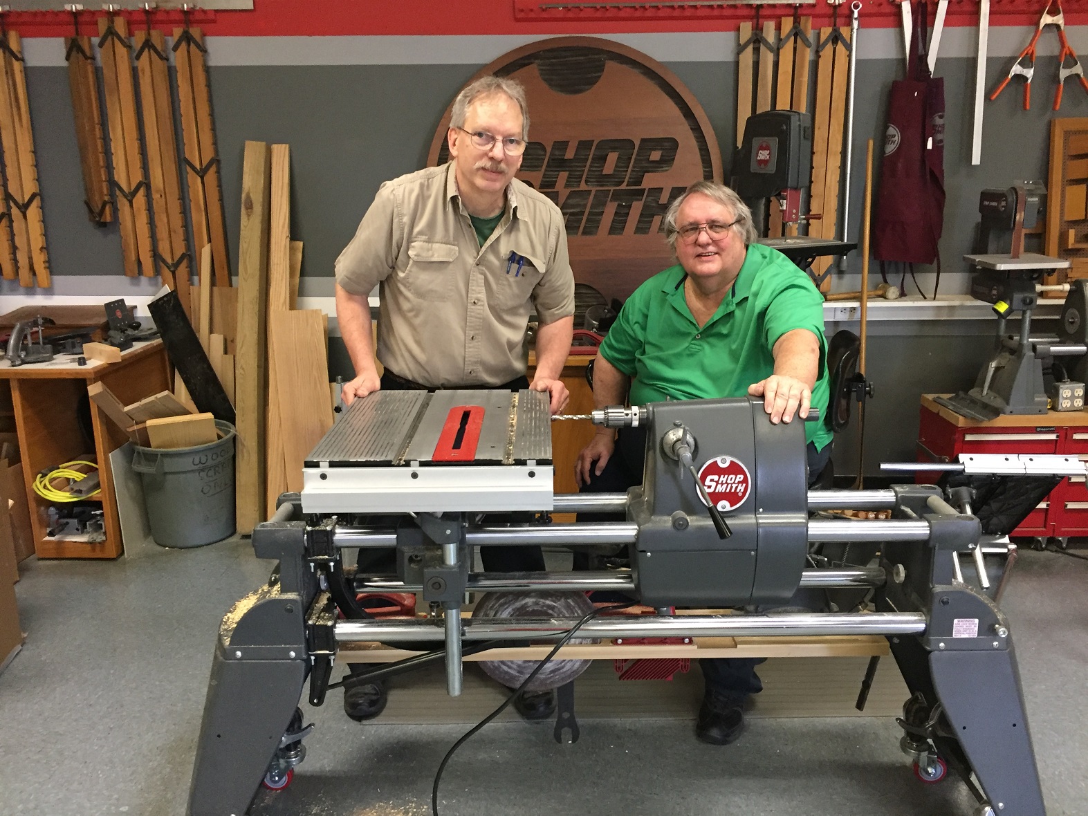 Jim McCann (standing) Everett L. Davis (seated) Shopsmith Dayton Ohio May 2018.JPG