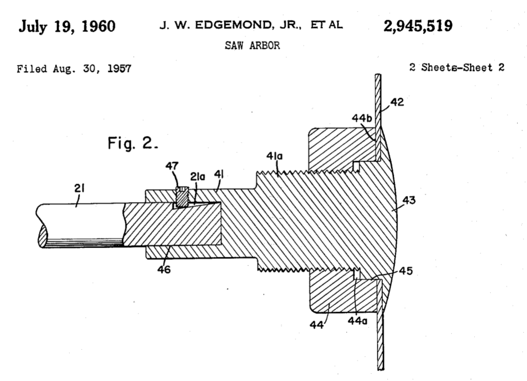 1957 Saw Arbor Patent Application - blade cannot fly off arbor.png