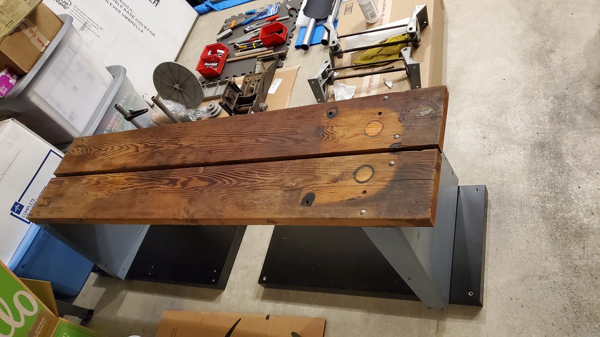 Cleaned/waxed the bench legs and cut ~1/2&quot; off the longer board.  Also had to move two angle brackets location on the board, so they all have the same offset from the legs.
