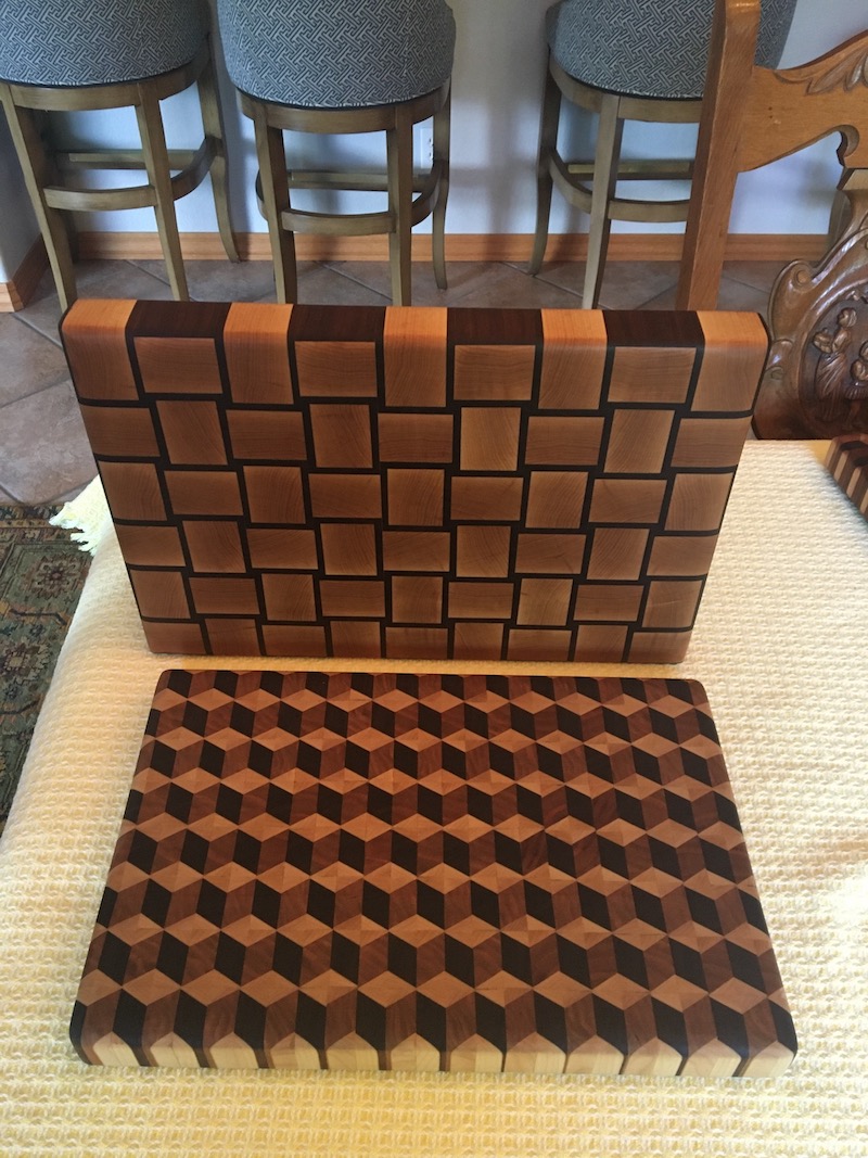 Tumbling block and Indian Blanket end-grain cutting boards
