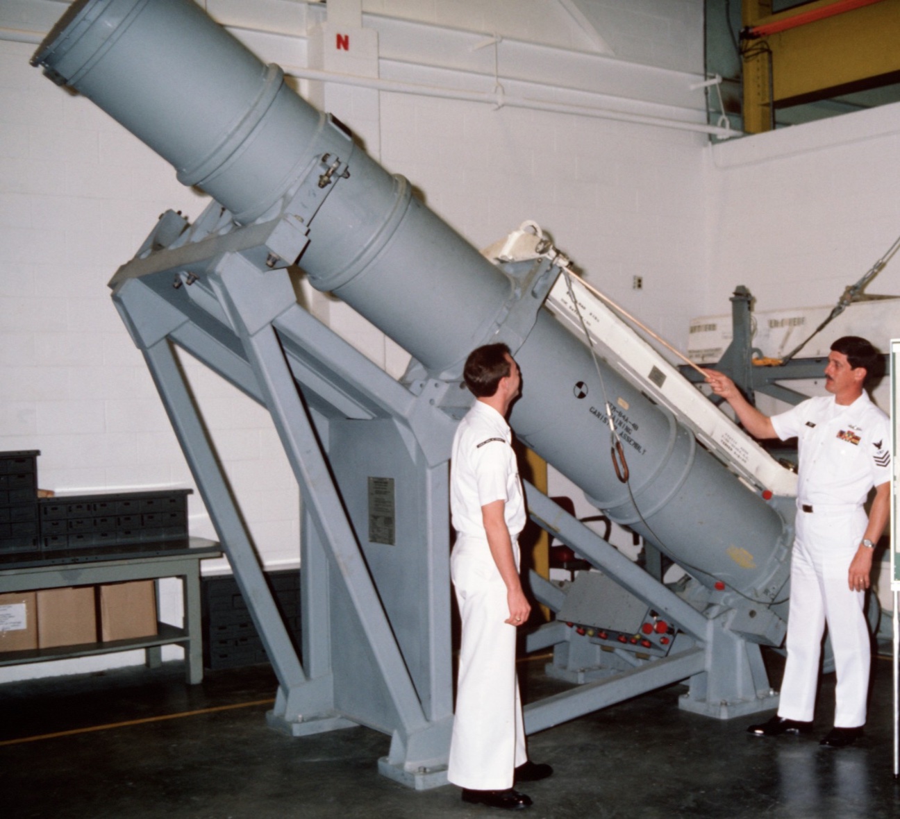 Training Harpoon launcher at a Navy school.