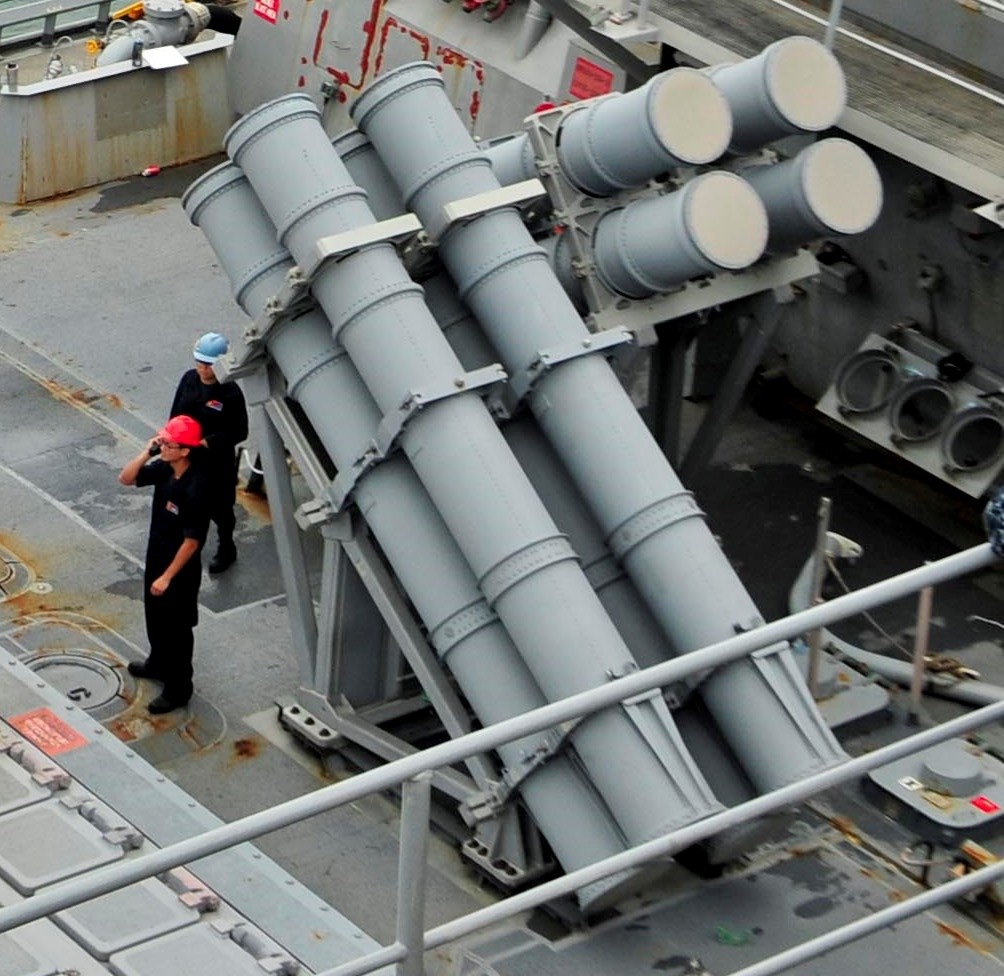 Two fully loaded Harpoon missile launchers.