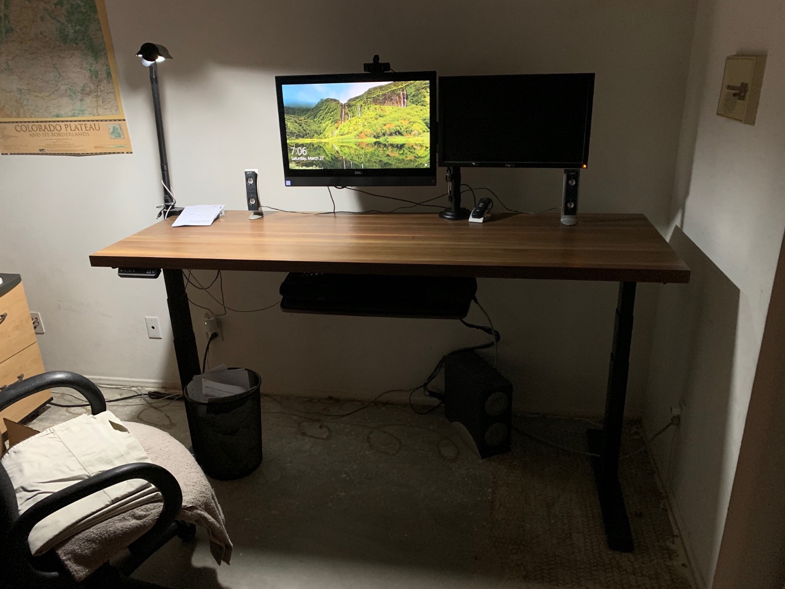 First standing desk I built, all setup and in use (front view).