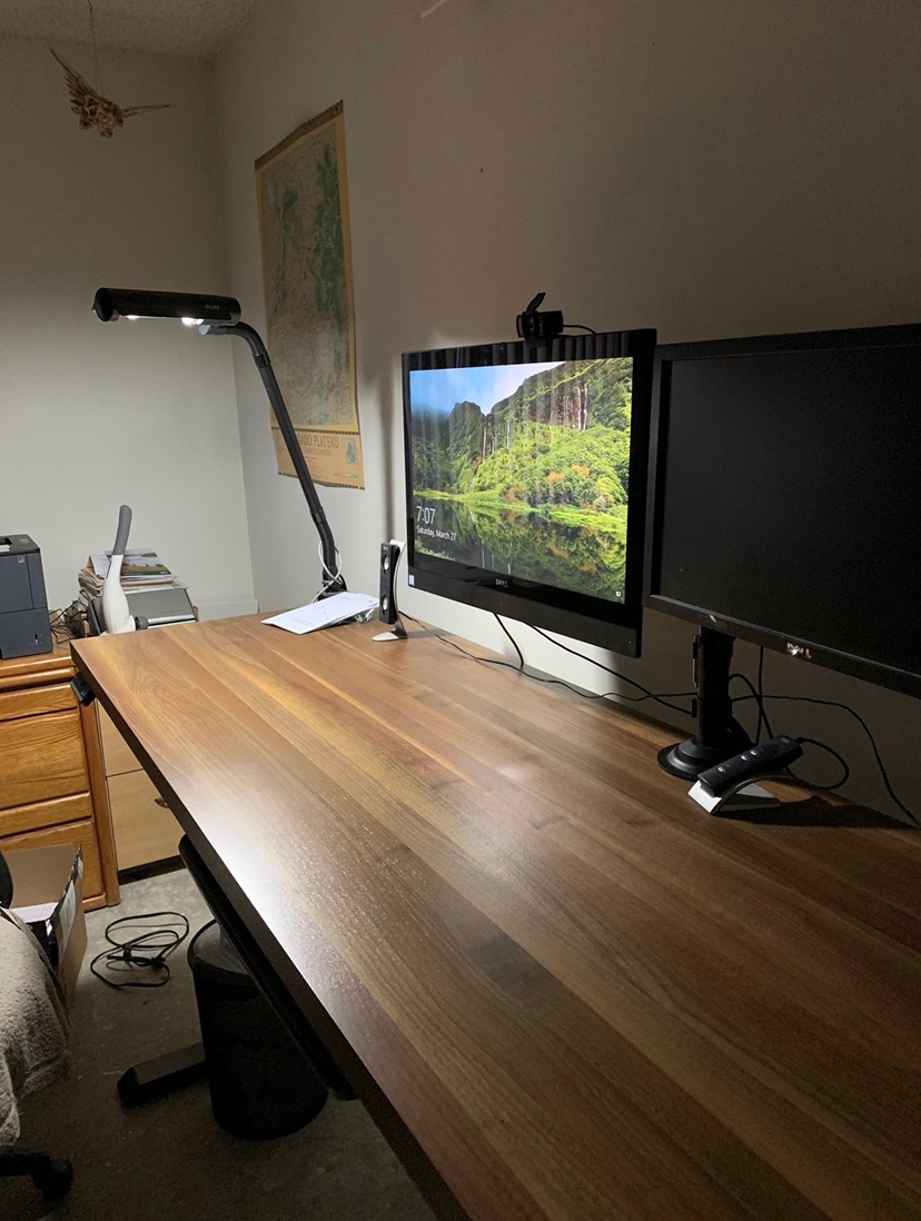 First standing desk I built, all setup and in use (side view).