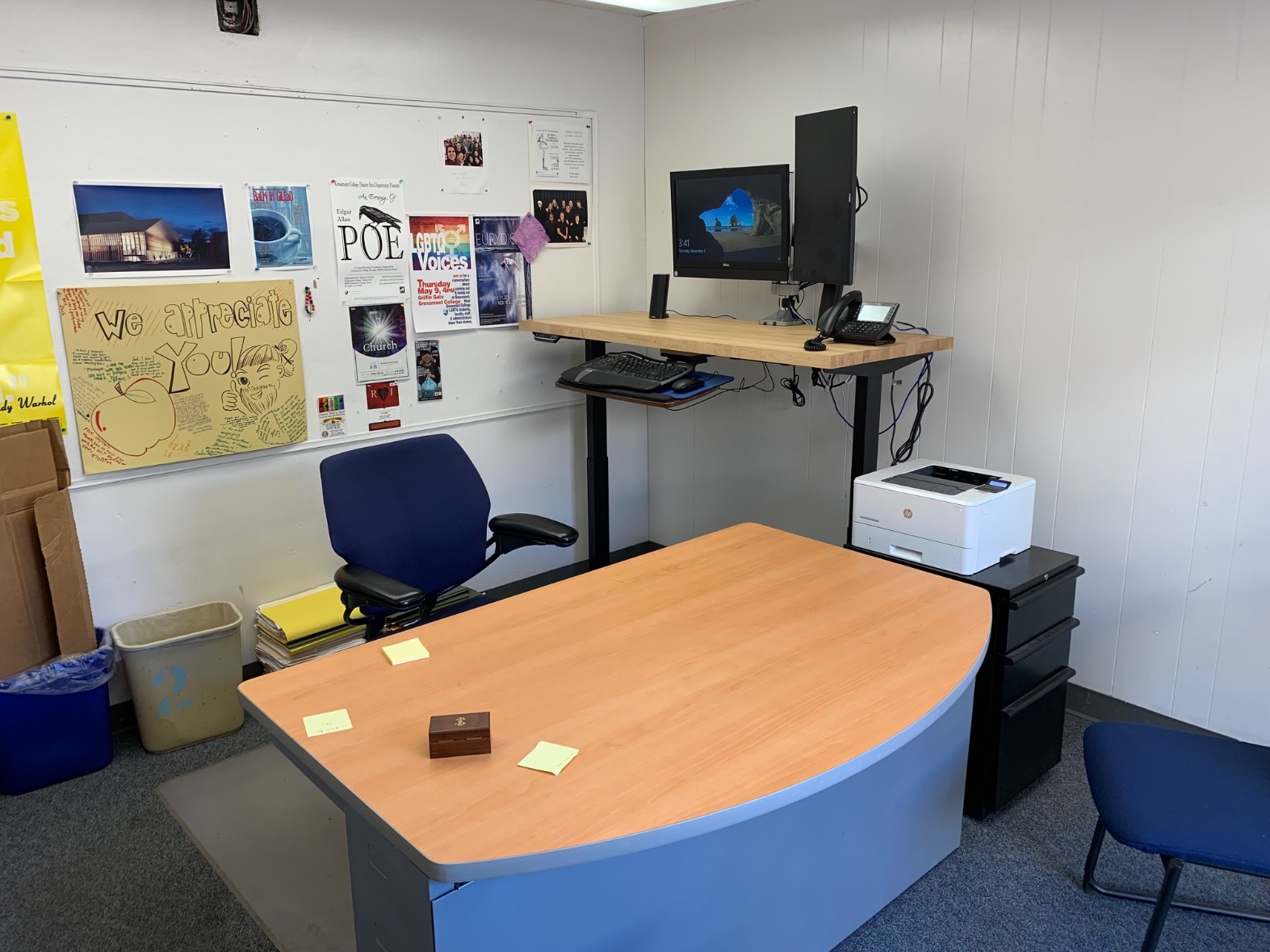 New standing desk is now in place for the Interim Dean (who is looking forward to going back to teaching next semester).